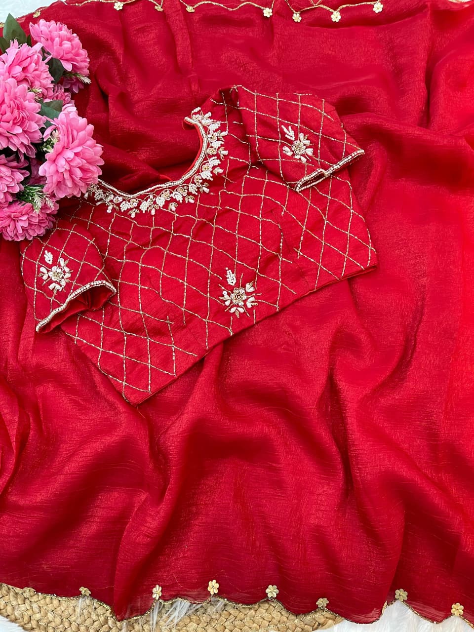 Crunchy Silk Khatli Work Saree with Handwork Blouse