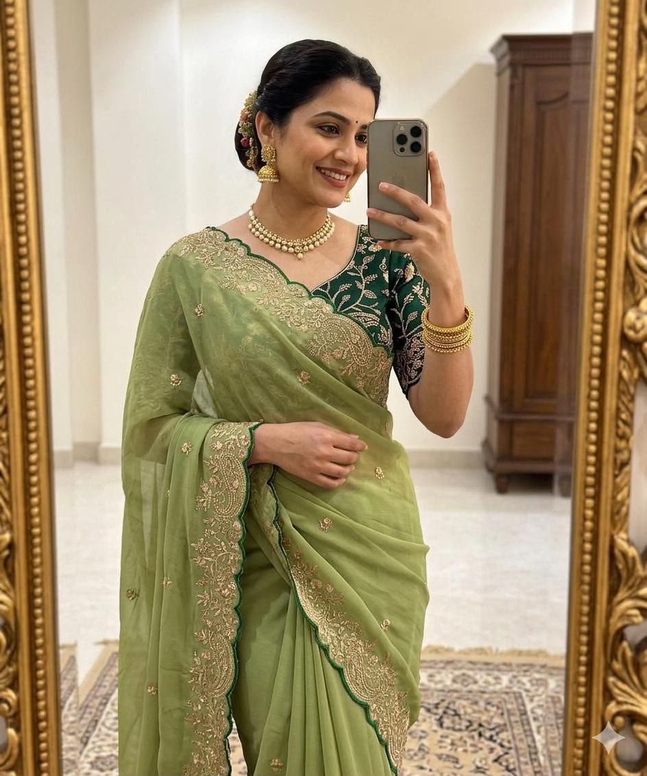 Designer Star Georgette Embroidered Saree with Contrast Blouse