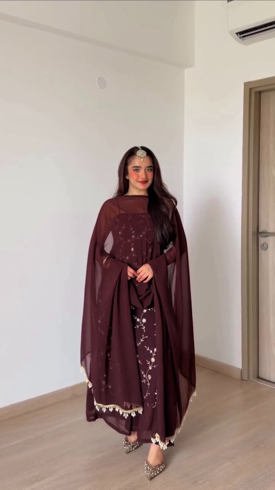 Embroidered Georgette Kurti Pant Set with Dupatta