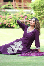 Embroidered Cotton A-Line Kurti Pant Set with Hand Block Dupatta