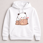 White hoodie with a cartoon panda design on a light gray background