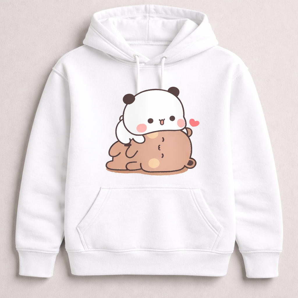 White hoodie with a cartoon panda design on a light gray background