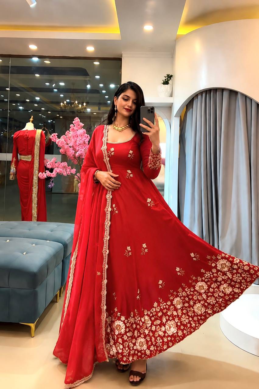 Embroidered Fendy Silk Gown Pant Dupatta Set