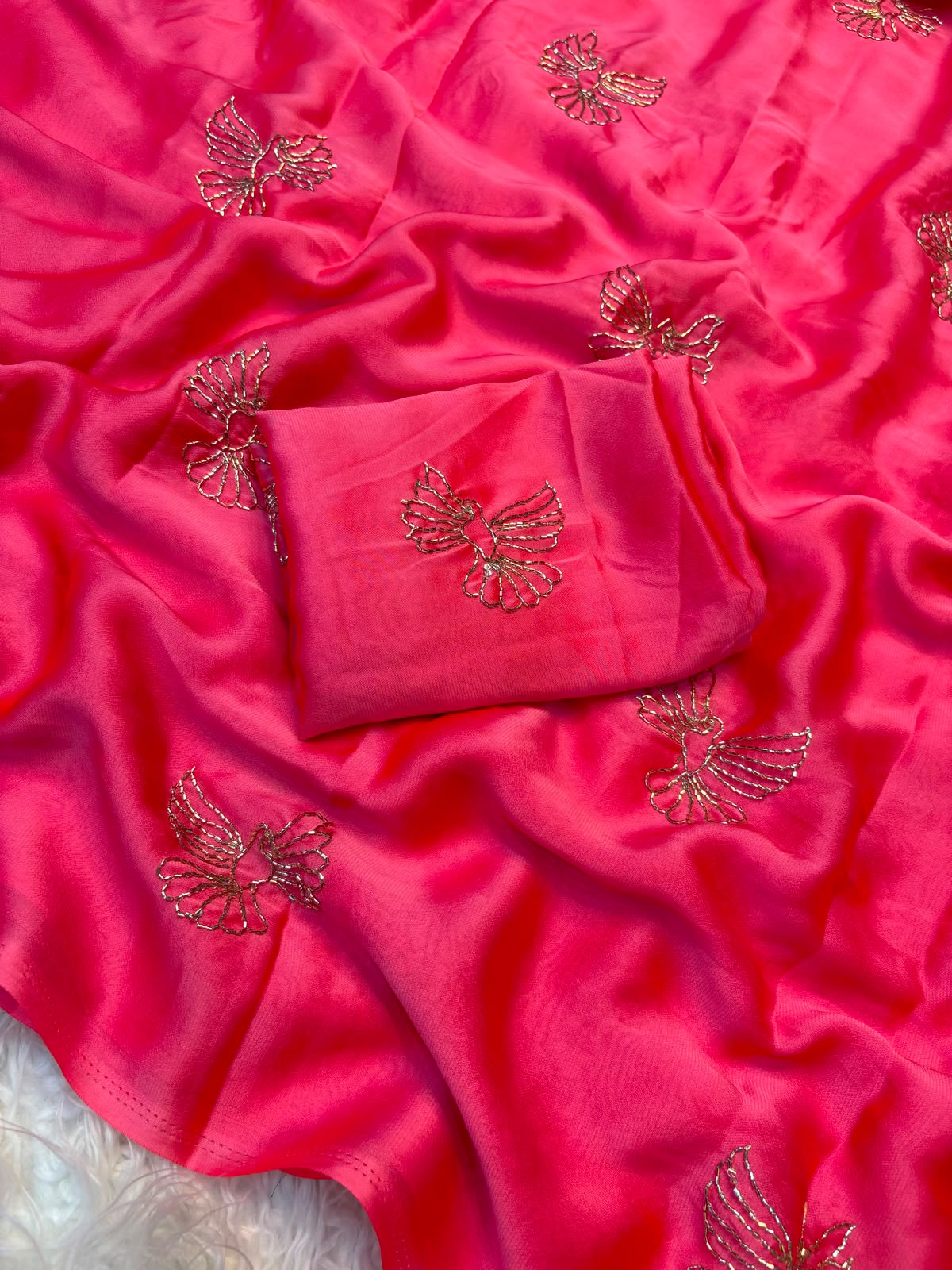 Bird Motif Beaded Rangoli Fabric Saree with Blouse