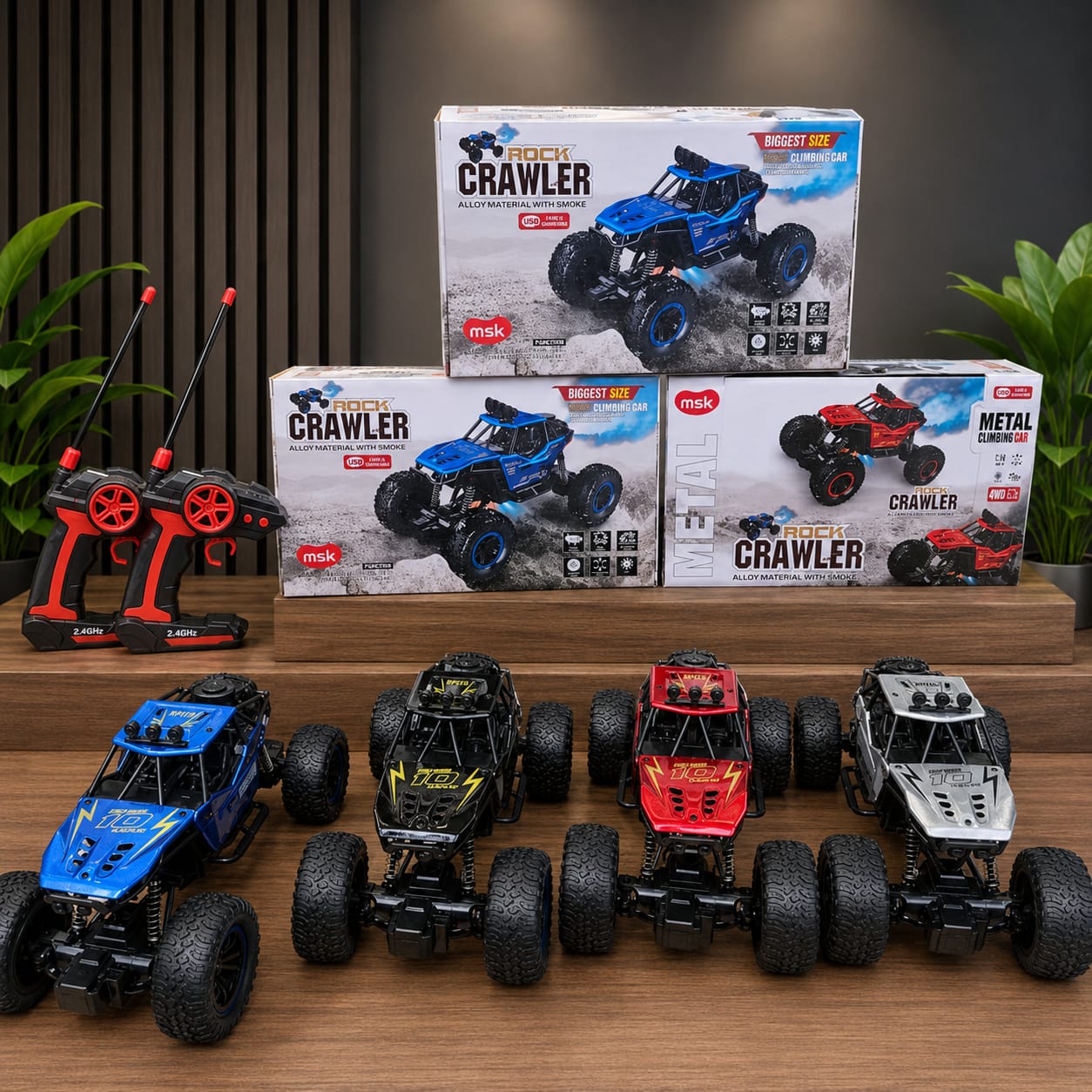 Six RC crawler cars in different colorways are displayed on a wooden surface with their retail boxes stacked behind them. The products include blue, black, red, and silver models, along with two red and black handheld remote controls.