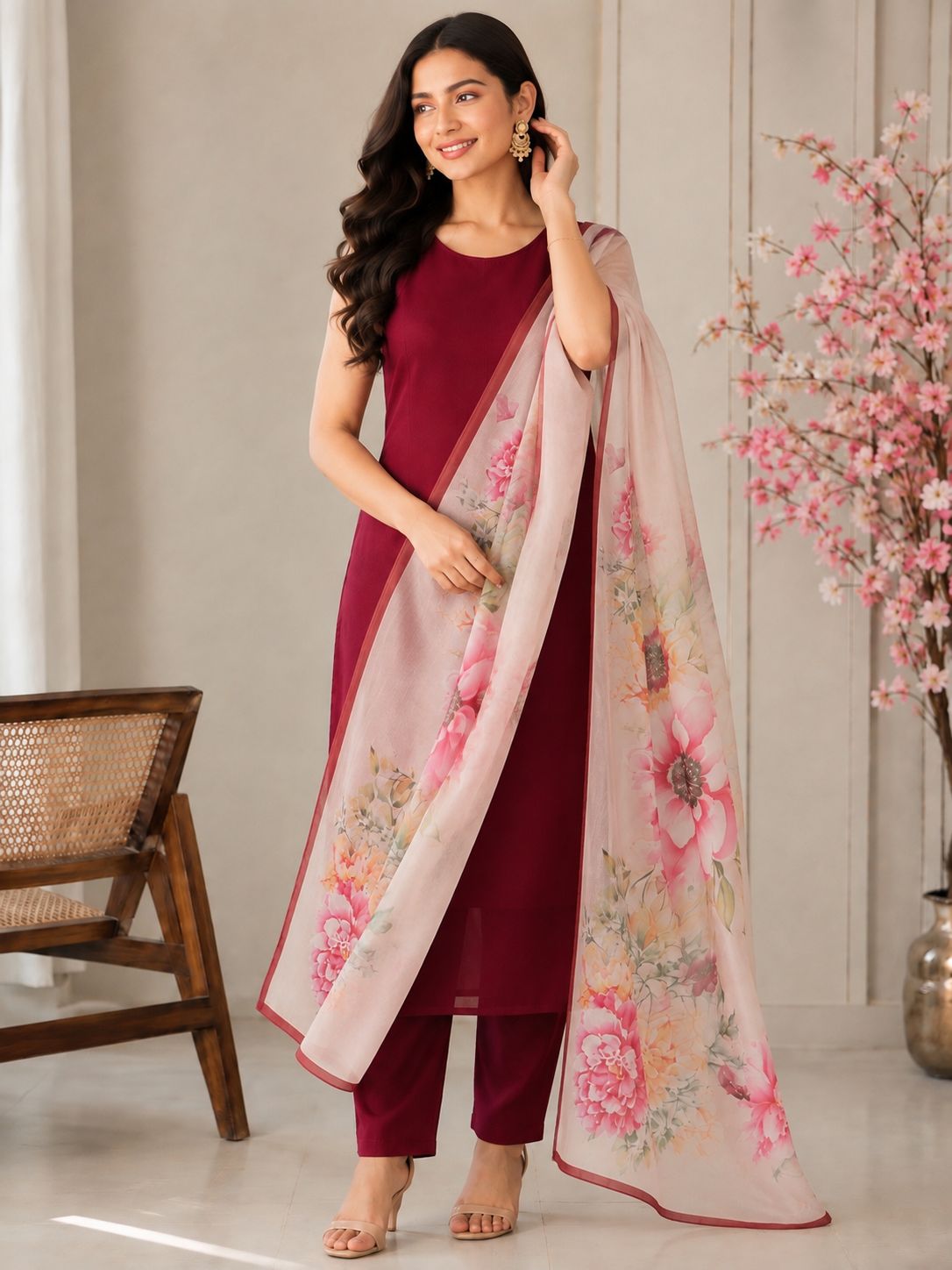 Georgette Kurta with Butter Silk Pant & Printed Cotton Dupatta Set