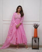 Embroidered Cotton Kurta Pant Set with Printed Cotton Malmal Dupatta