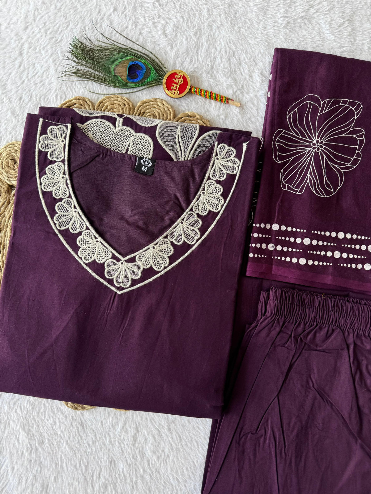 Embroidered Cotton A-Line Kurti Pant Set with Hand Block Dupatta