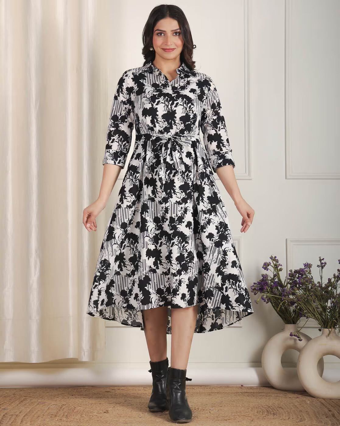Abstract Floral & Stripe Print Muslin Long Dress