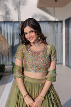 Multi Thread Embroidered Fendi Silk Lehenga Choli Set