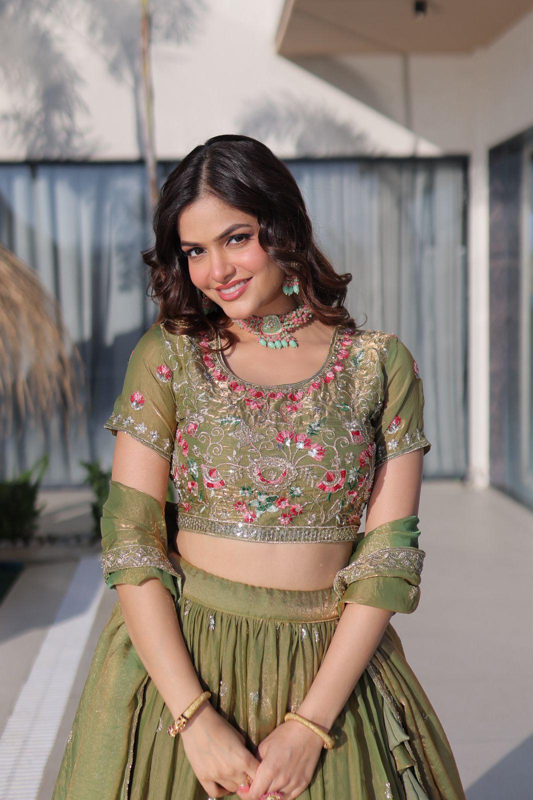 Multi Thread Embroidered Fendi Silk Lehenga Choli Set
