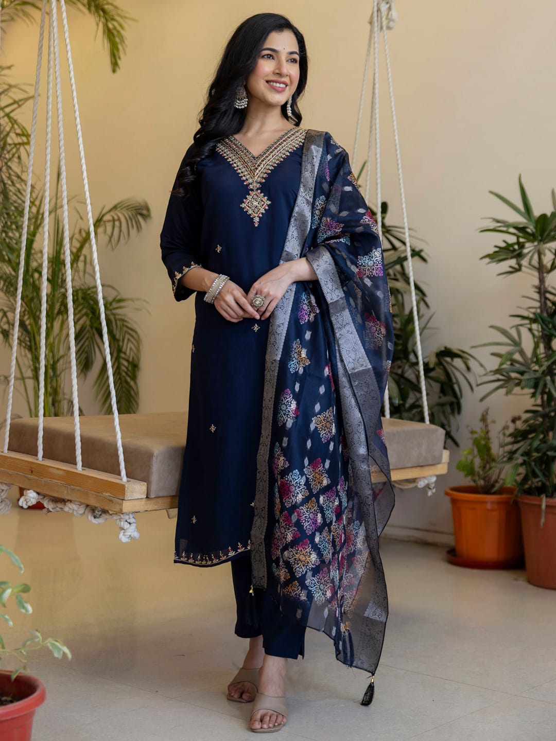 Embroidered Roman Silk Kurta Pant Set with Organza Dupatta