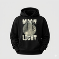 Black hoodie with 'MOON LIGHT' graphic design on a gray background