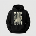 Black hoodie with 'MOON LIGHT' graphic design on a gray background