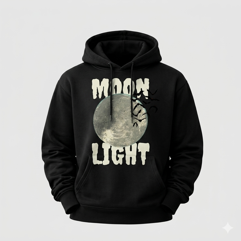 Black hoodie with 'MOON LIGHT' graphic design on a gray background