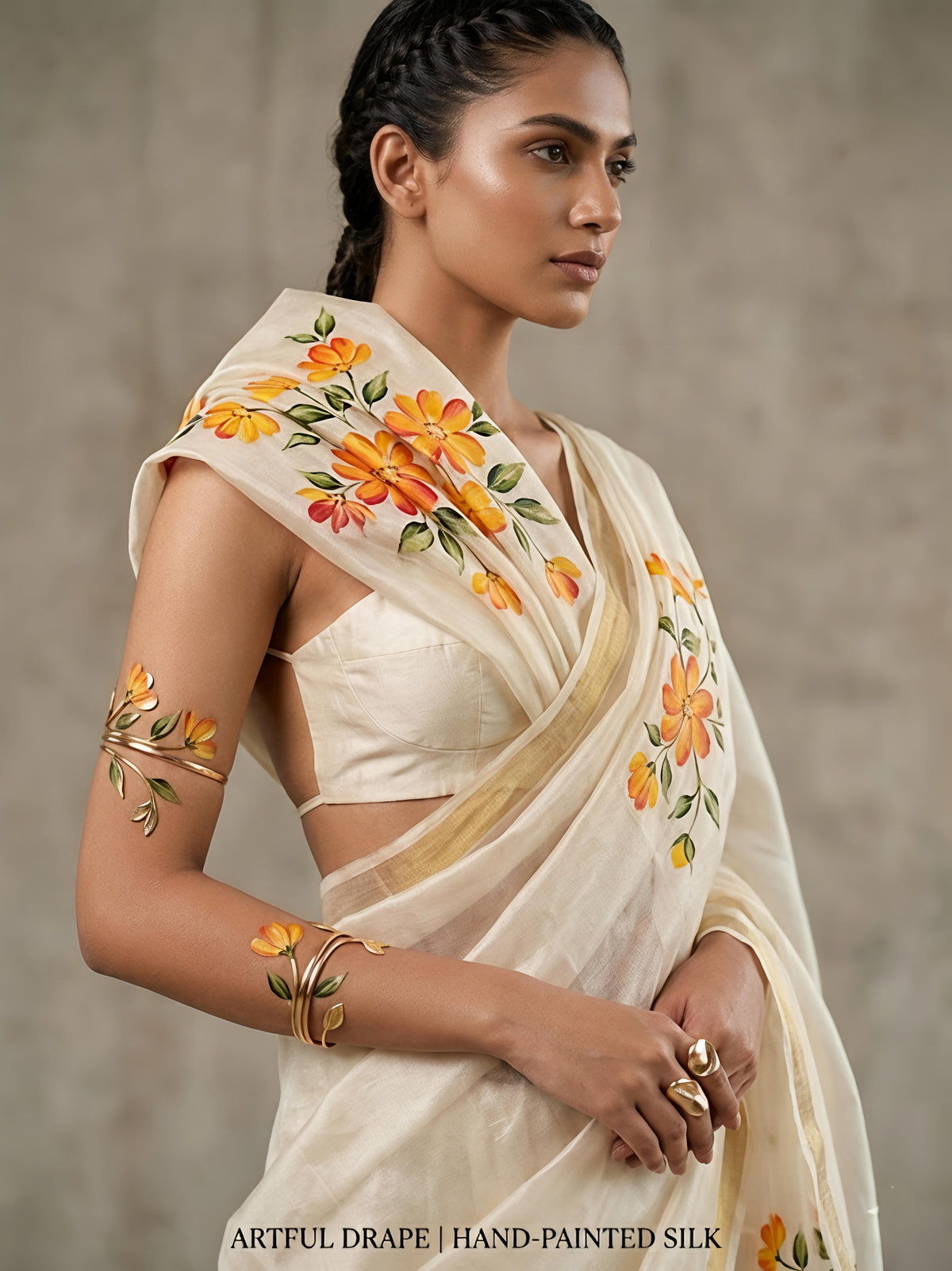 Floral Print Saree with Gola Zari Border & Blouse
