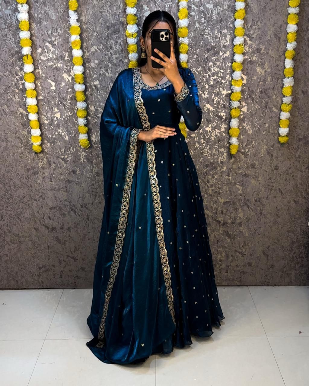 Designer Sequence Embroidered Fendi Silk Gown with Dupatta