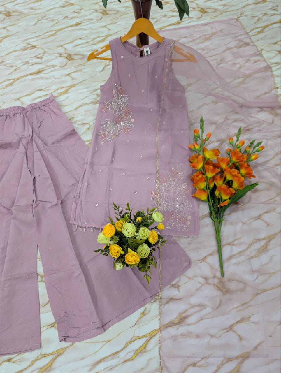 Crunchy Silk Embroidered Kurti Palazzo Dupatta Set