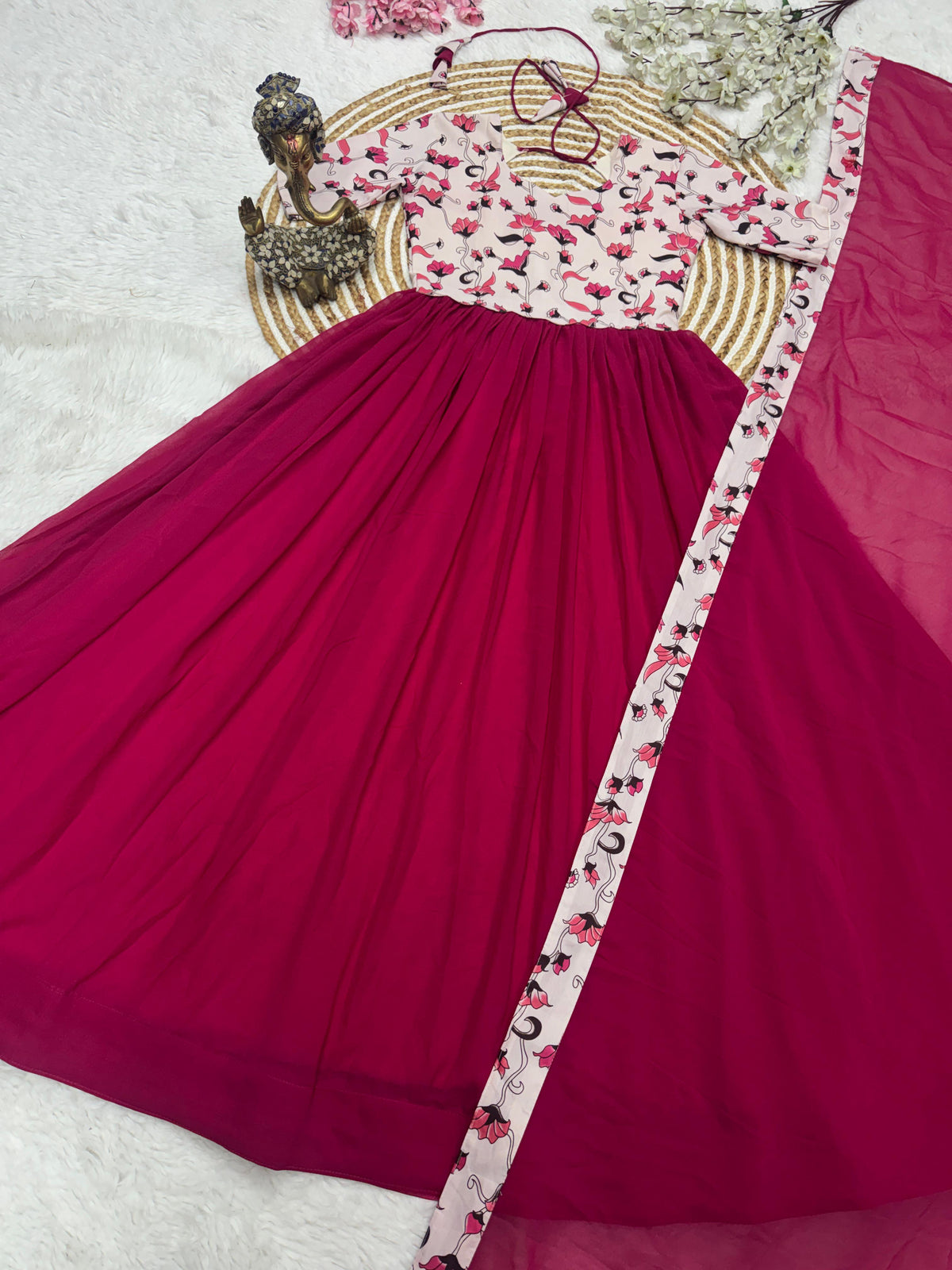 Kalamkari Printed Fox Georgette Kurta with Dupatta