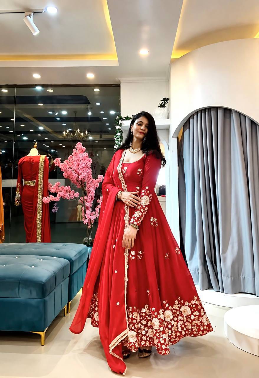 Embroidered Fendy Silk Gown Pant Dupatta Set