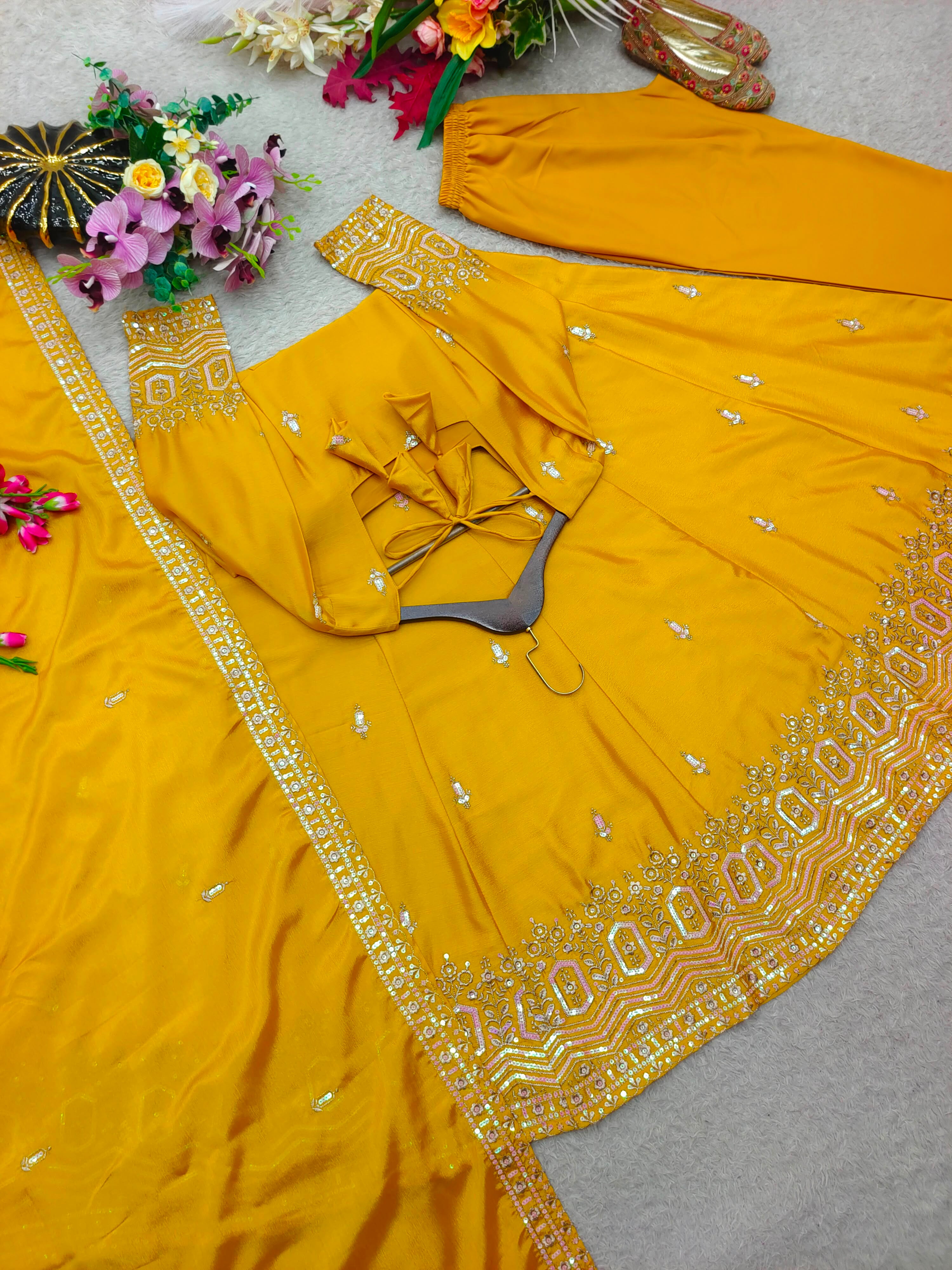 Embroidered Chinon Silk Gown Pant Set with Dupatta