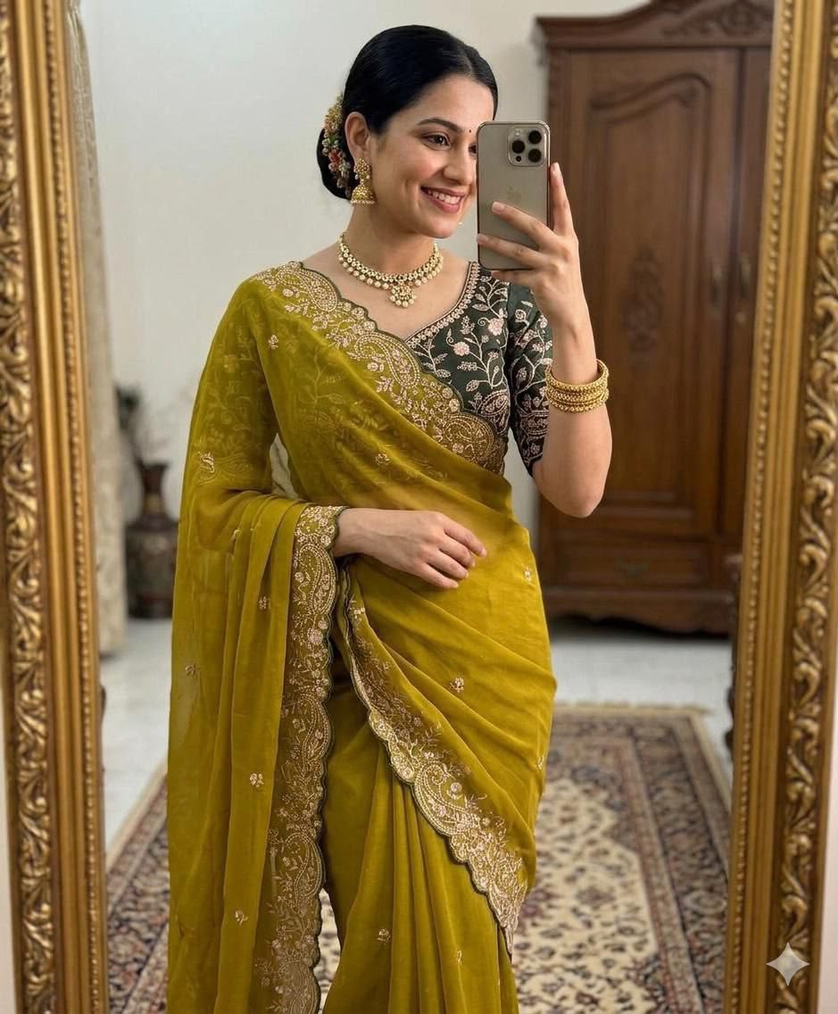 Designer Star Georgette Embroidered Saree with Contrast Blouse