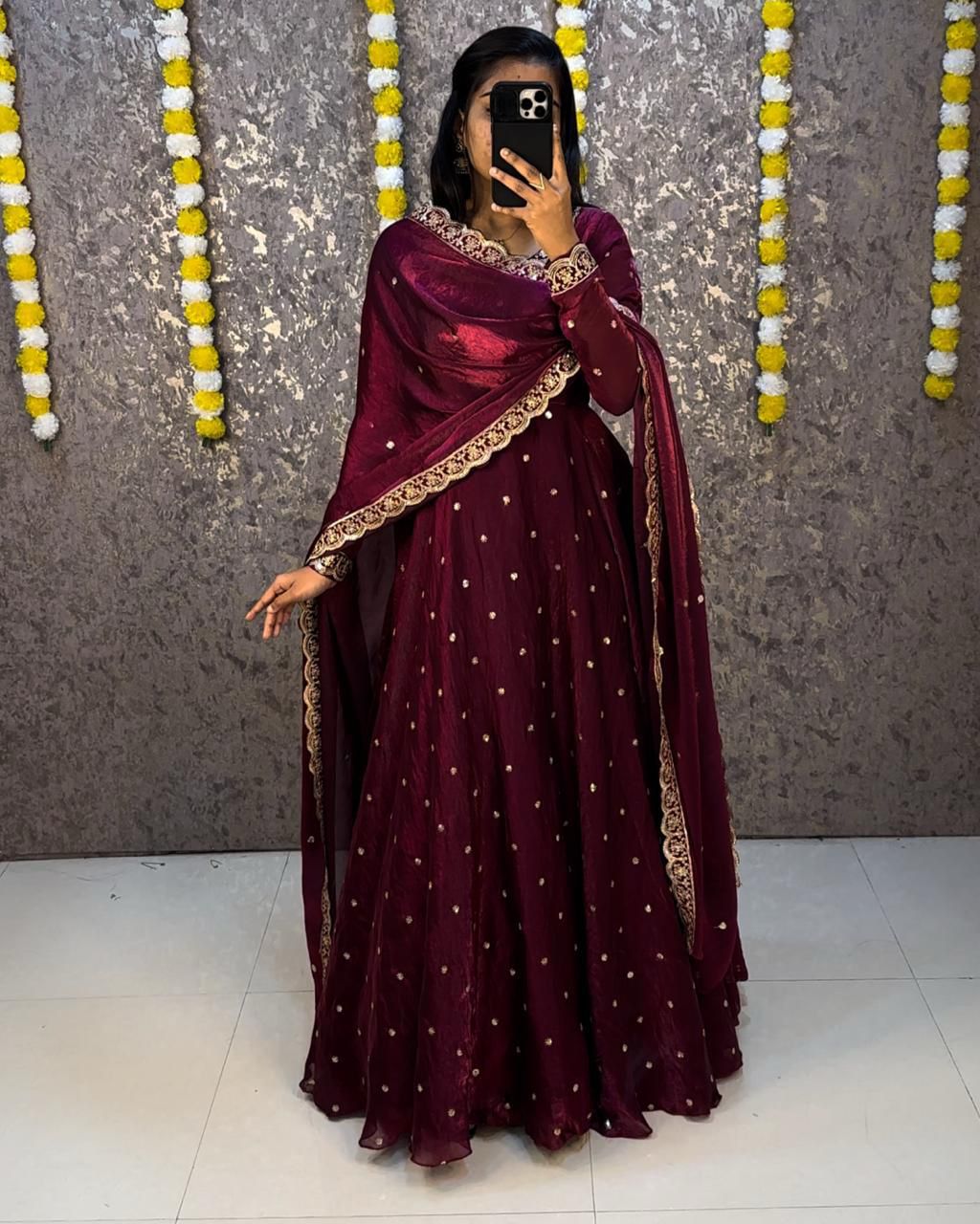 Designer Sequence Embroidered Fendi Silk Gown with Dupatta