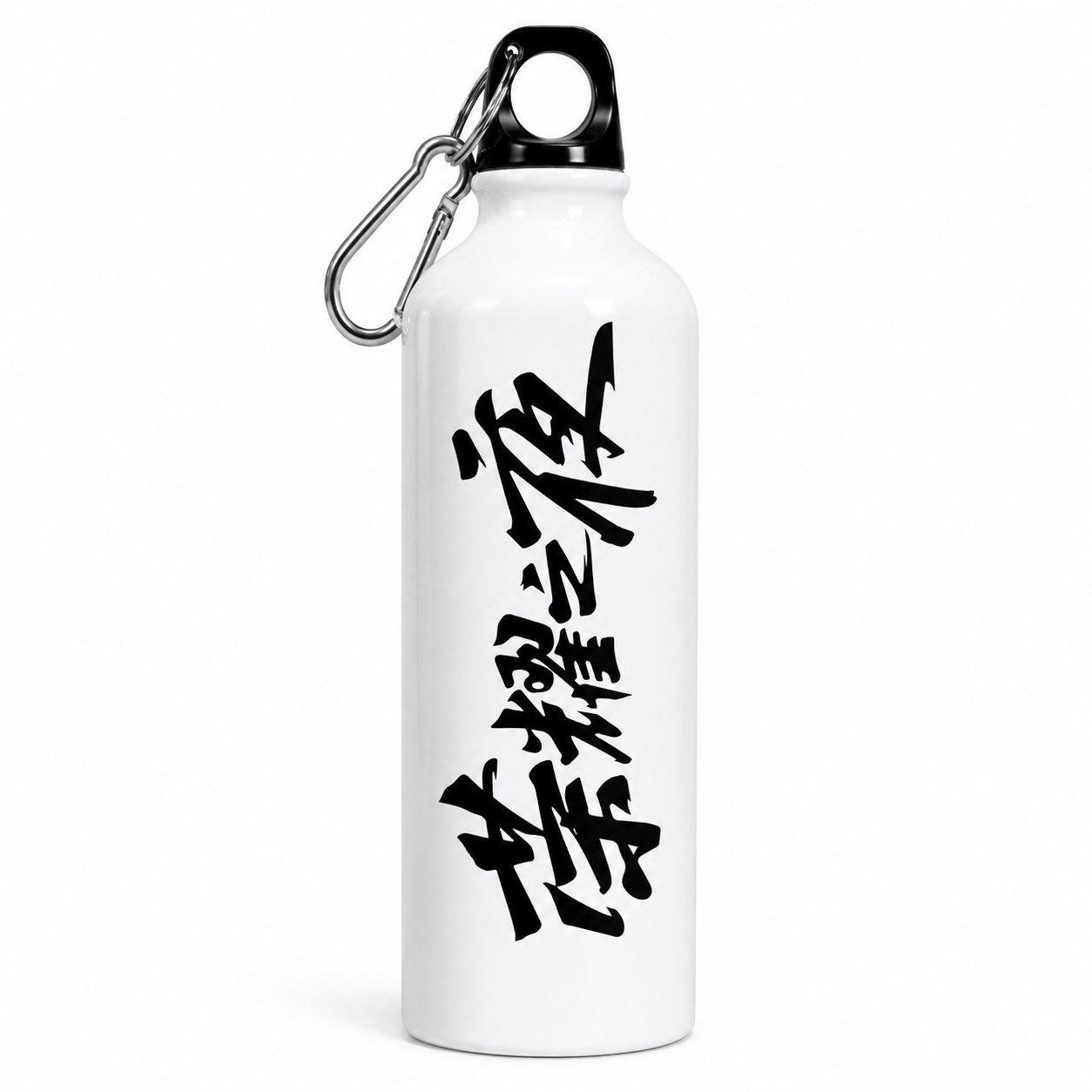 White water bottle with black text and carabiner on a white background