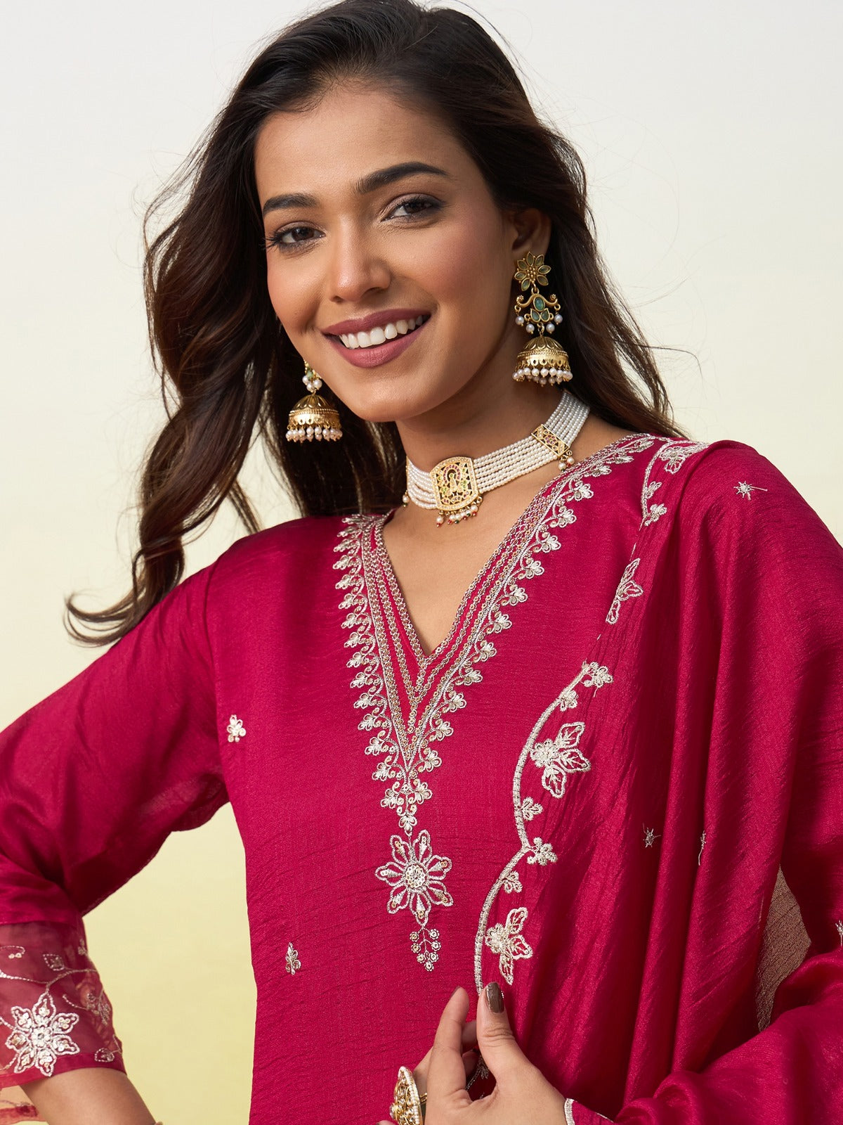 Embroidered Vichitra Silk Kurta Pant Set with Dupatta