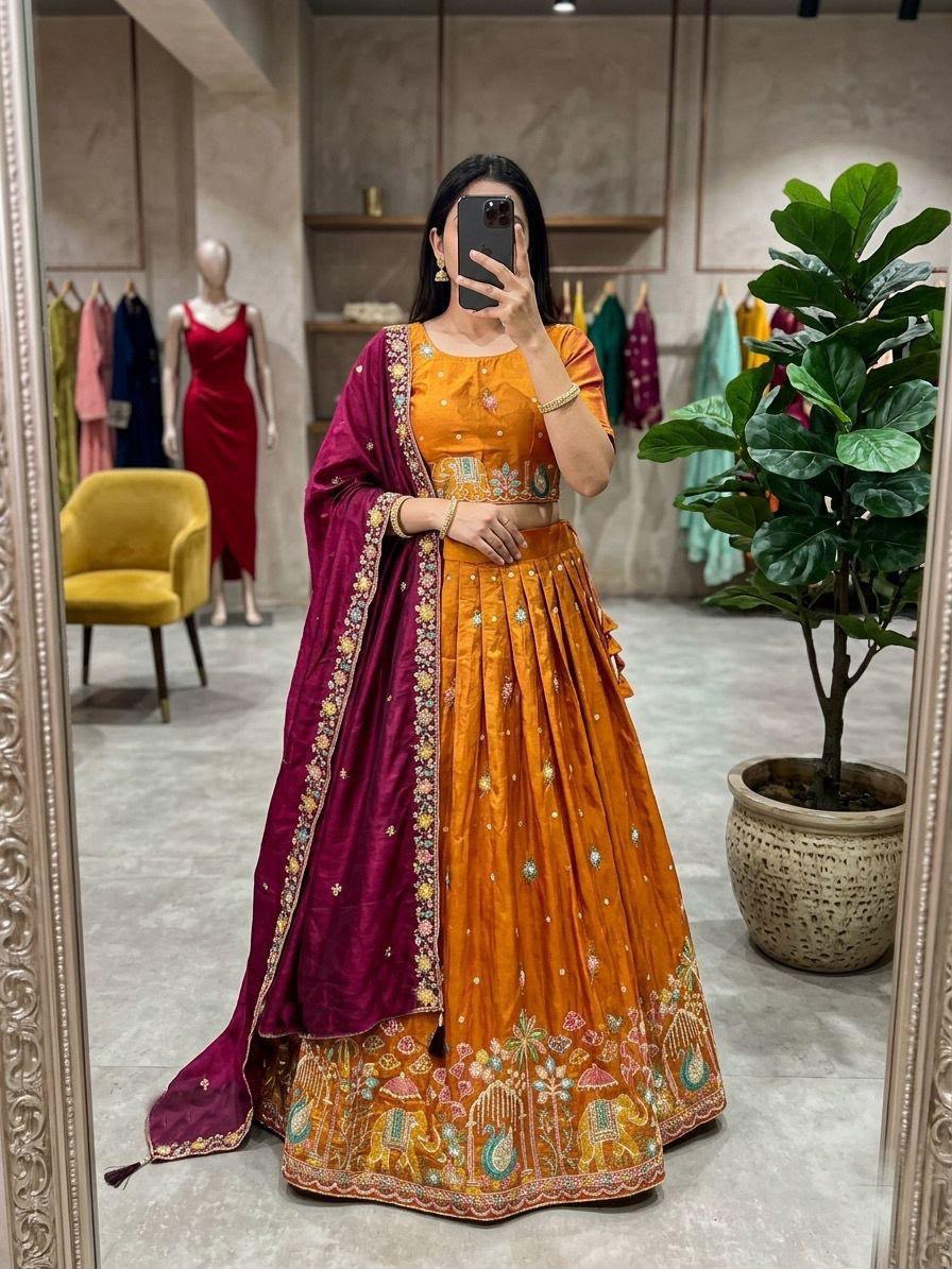 Designer Space Silk Embroidered Lehenga Choli with Dupatta