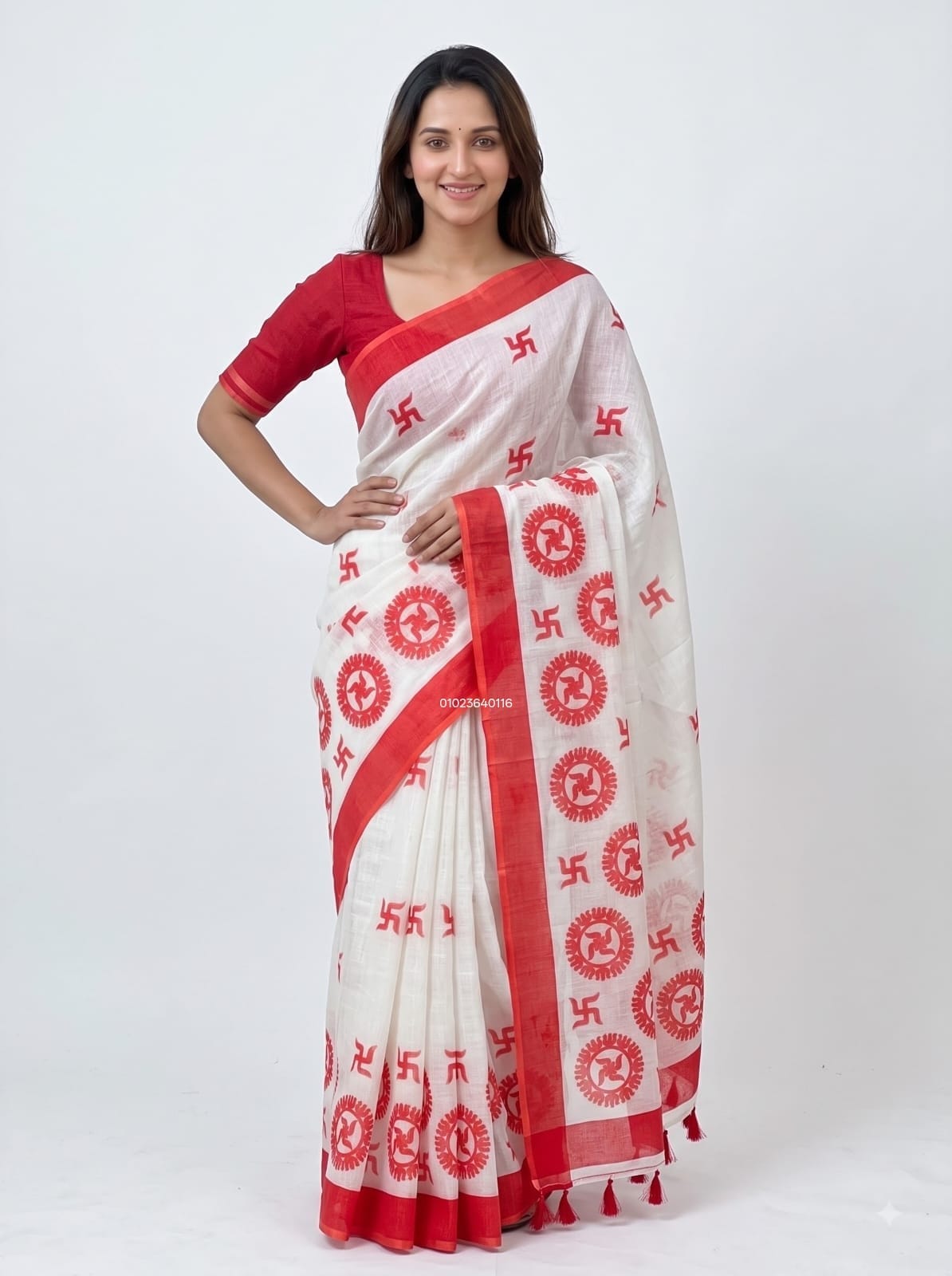 Digital Print Linen Saree with Matching Blouse & Latkan