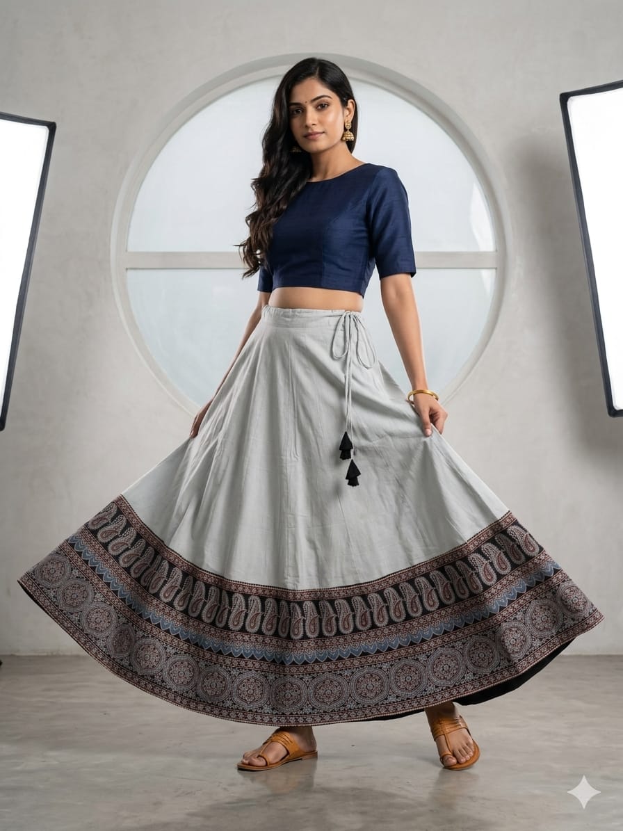 Plain Cotton Kali Skirt with Natural Border