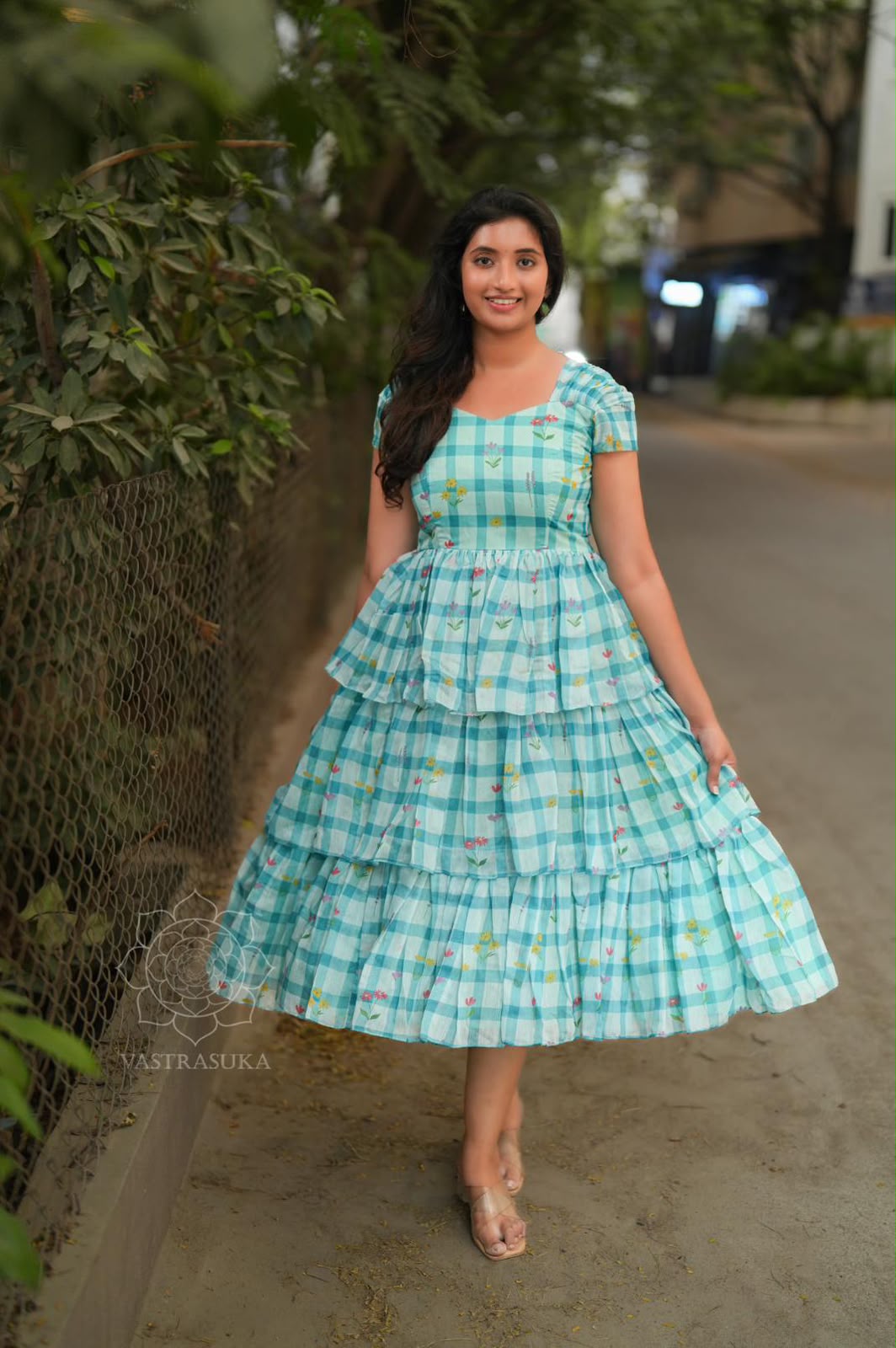 Designer Chanderi Cotton Plaid Maxi Dress for Women