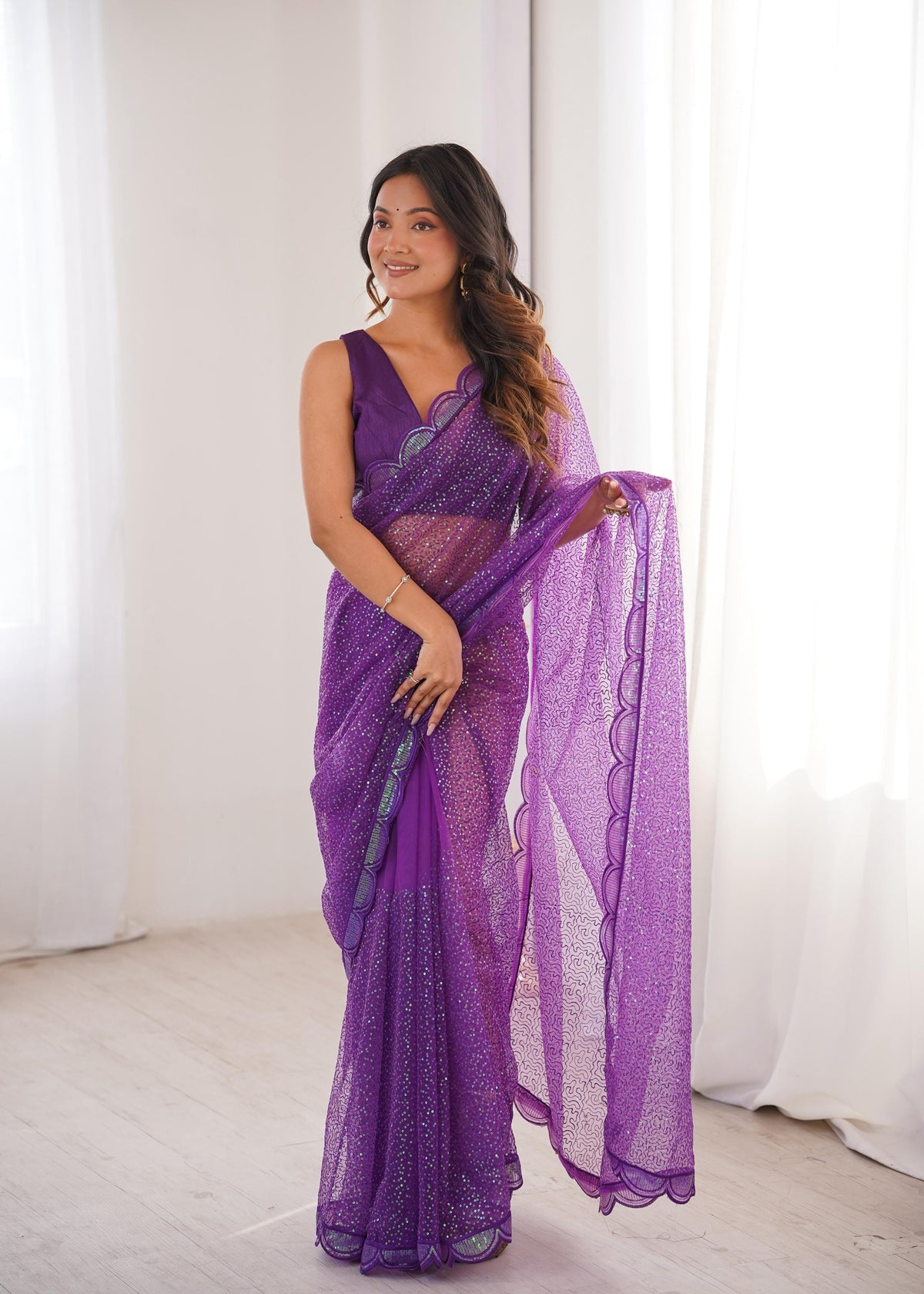 Soft Net Saree with Thread & Sequin Embroidery and Benglori Silk Blouse