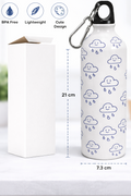 600 ml aluminum water bottle with cloud design and carabiner on a white background