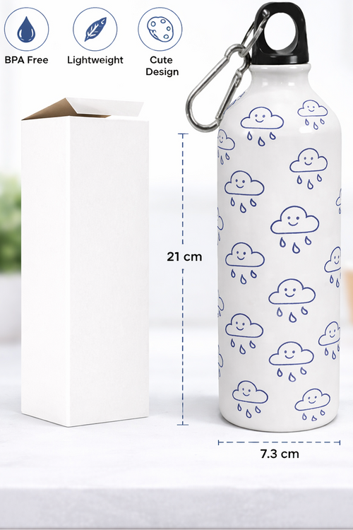 600 ml aluminum water bottle with cloud design and carabiner on a white background