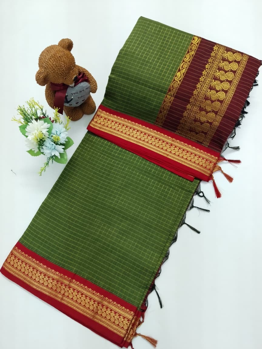 Checked Cotton Saree with Zari Pallu & Contrast Blouse