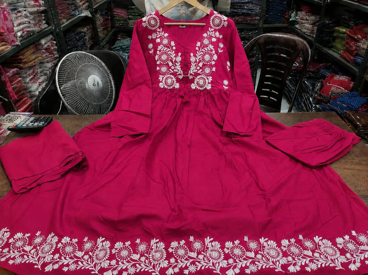 Embroidered Cotton Anarkali Kurti Pant Set with Dupatta