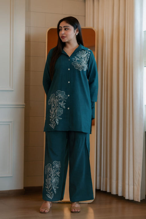 Cotton Slub Embroidered Kurti Pant Set with Pockets
