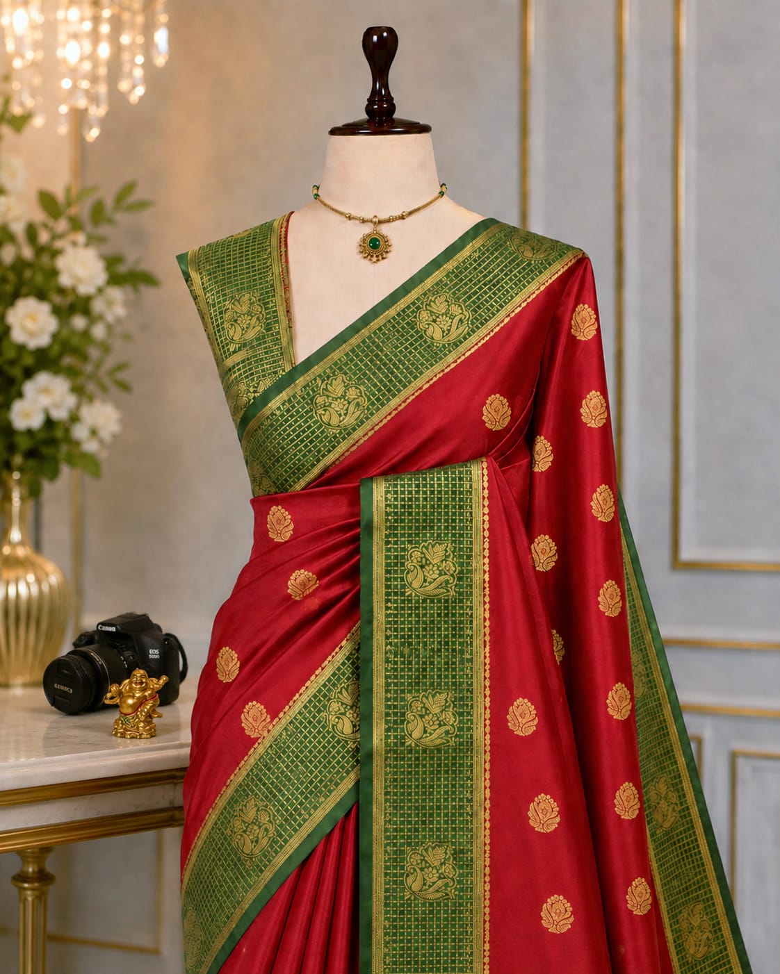 Fusion Korvai Soft Silk Saree with Golden Zari Buttas & Contrast Border