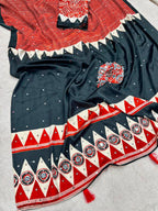 Semi Gajji Silk Ajrakh Print Saree with Mirror Work