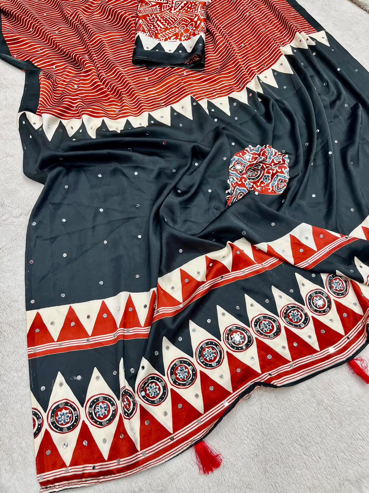 Semi Gajji Silk Ajrakh Print Saree with Mirror Work