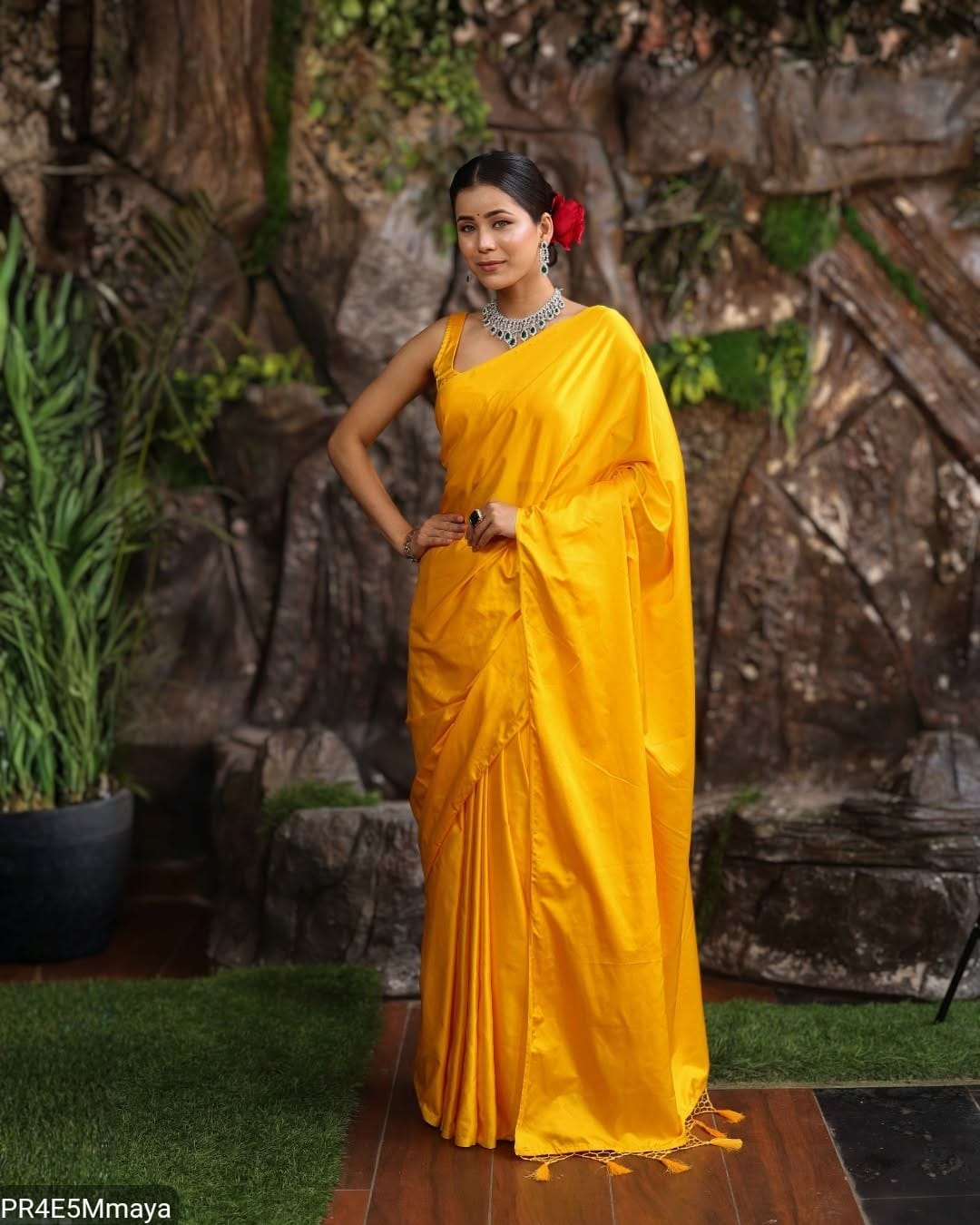Golden Crepe Satin Silk Saree with Jhalar Border