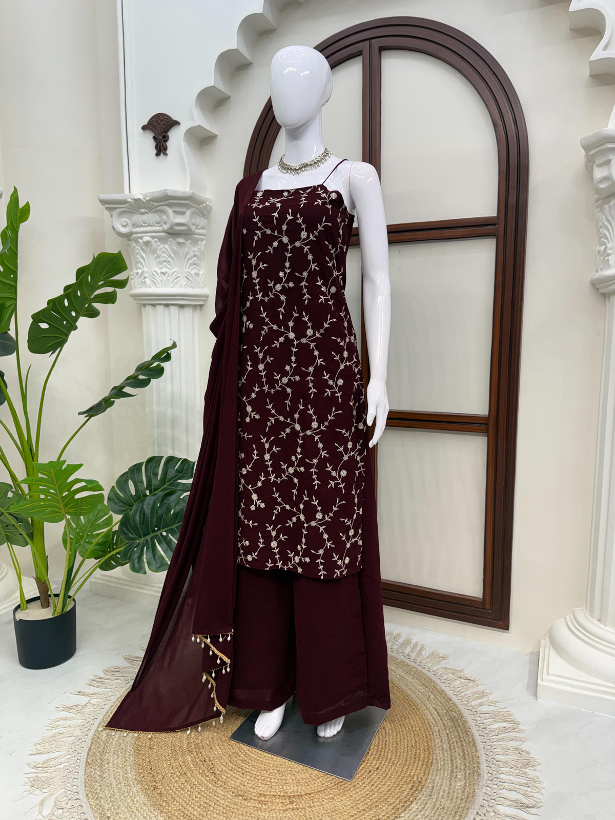 Embroidered Georgette Kurti Pant Set with Dupatta