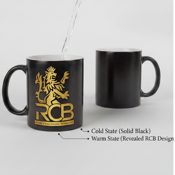 Black mug with gold RCB logo, showing change from cold to warm state.