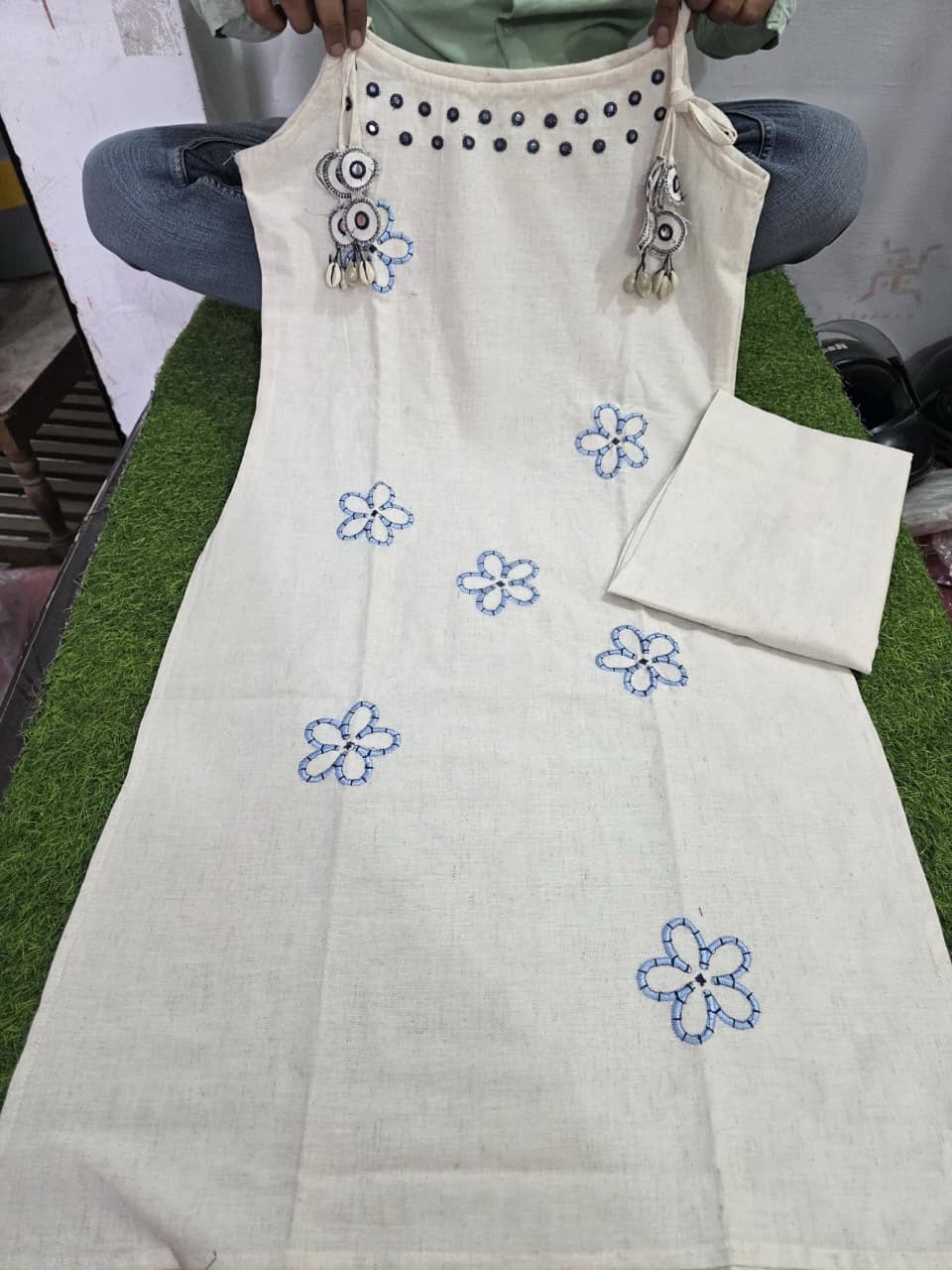 Cotton Flex Mirror Work Kurta Palazzo Set