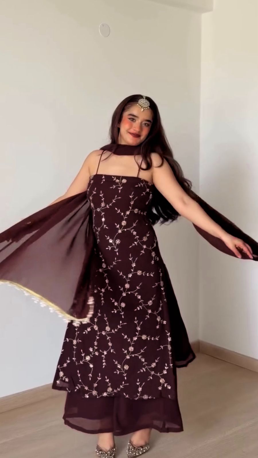 Embroidered Georgette Kurti Pant Set with Dupatta