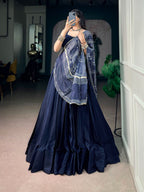 Embroidered Moonga Silk Lehenga Choli Set with Printed Satin Dupatta