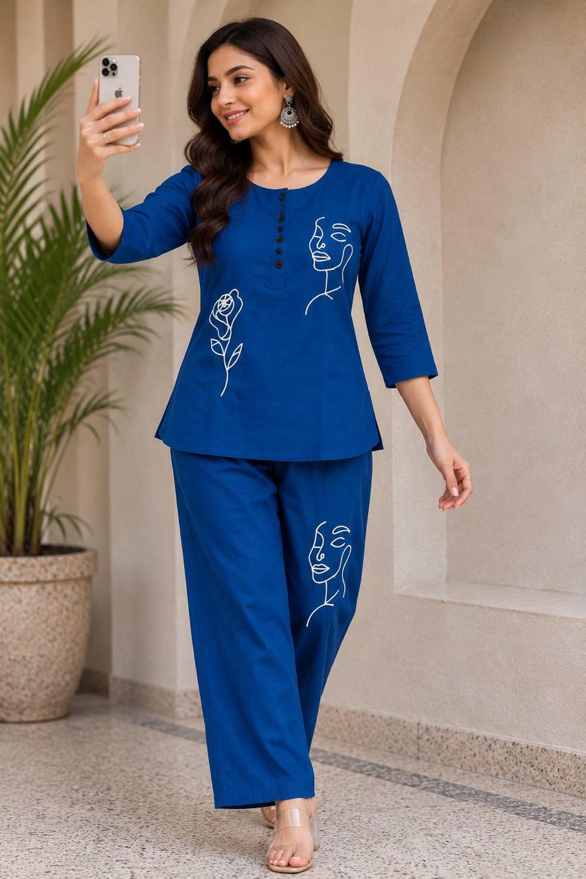 Rayon Slub Embroidered Top & Pant Co-Ord Set