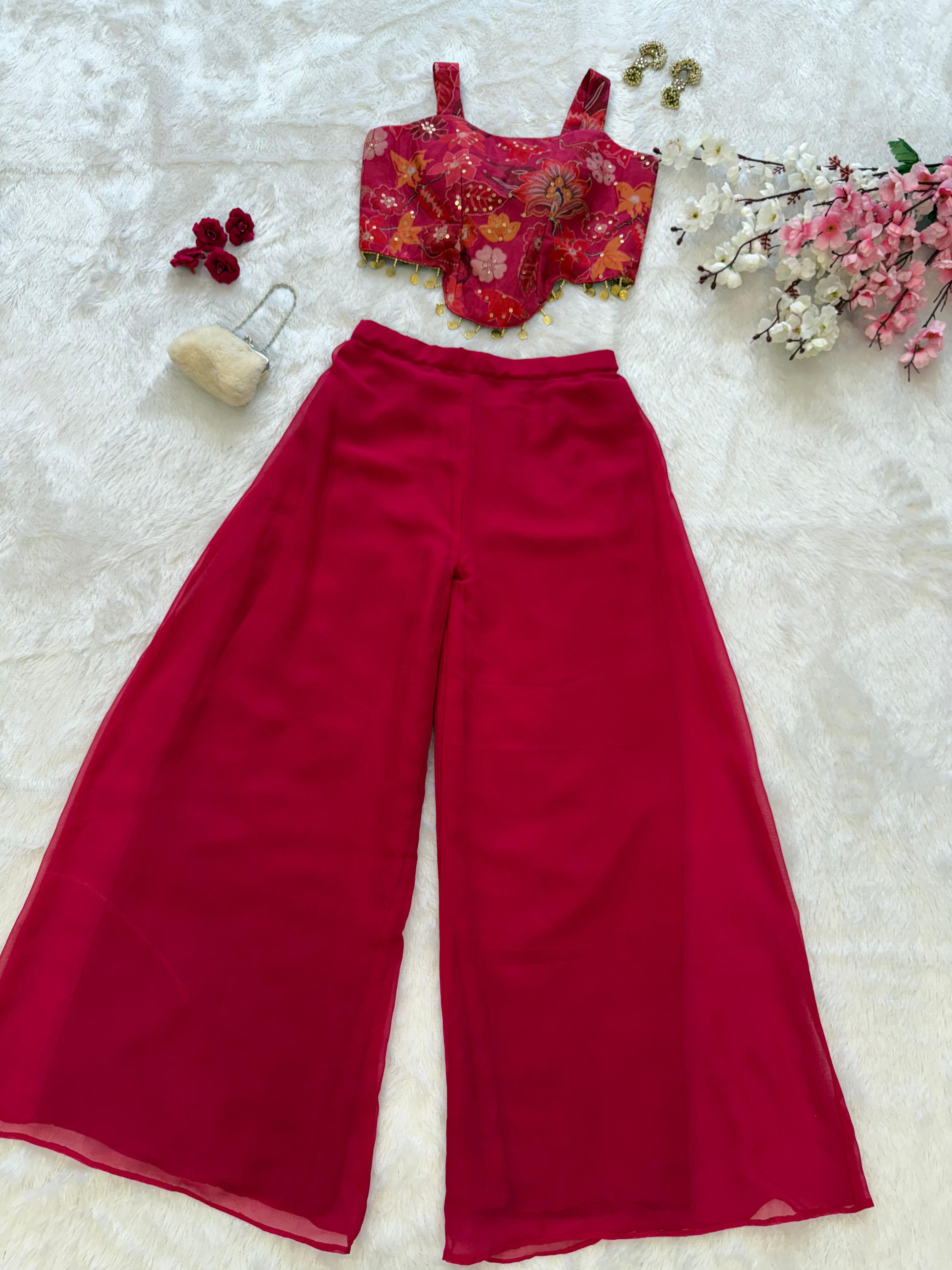 Sequin Organza Crop Top Palazzo Set
